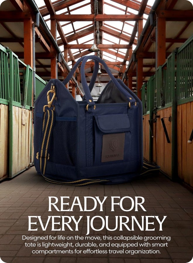Equinavia Darby Small Collapsible Grooming Tote Bag for Horses, Dogs, Cats | Organizer with Shoulder Strap | 7" x 8.5" x 12" Interior - Navy/Gold - One Size - Image 3